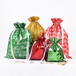 Weihnachten Kordelzug Geschenktüten Folie Laser Metallic Süßigkeitentaschen Weihnachtsmann Schneeflocke Druck Verpackungsbeutel