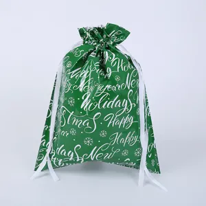 Grüne Weihnachtsalufolie Kordelzug Geschenktüte mit festlichem Text und Schneeflocken.