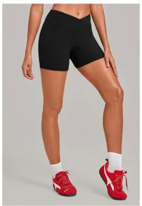 High waist crossover yoga shorts for women, comfortable athletic fitness gym running activewear.