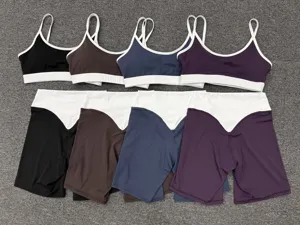 Farbblock Yoga Set Doppelträger Sport-BH und Hohe Taille Shorts Fitness Sportbekleidung Outfit