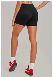 Detailed back view of black high waist yoga shorts featuring a stylish cross waistband.