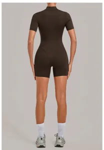 Monos de yoga de manga corta para mujer pantalones cortos fitness marrón oscuro deportivo