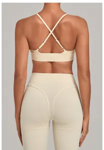 Adjustable back sports bra and high waist fitness yoga leggings detail view, soft quick dry fabric