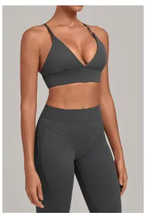 Dark grey sports bra and high waist yoga pants set, slim fit activewear for gym and fitness.