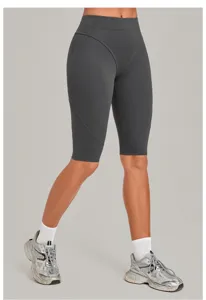 Dunkelgraue Damen High Waist Fitness Yoga Shorts Detailansicht, elastische Sportbekleidung.