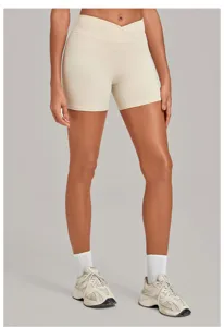High-waist cross-waistband nude-feel yoga shorts for women, tight sports fitness running.