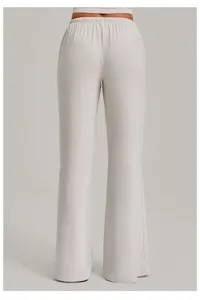 Back view of light grey women casual straight wide leg yoga pants, elastic waist, comfort fit.