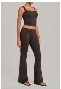 Brown two-piece yoga set with crop tank top and fold-over waist flare pants for fitness.