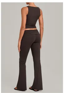 Dark brown yoga two-piece set featuring a slim-fit tank top and fold-over flare pants.