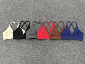 Detailed presentation showcasing multiple colors of the adjustable back sports bra and soft fabric.