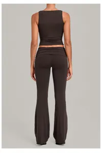 Women brown yoga two piece set sleeveless crop top flare pants gym workout activewear