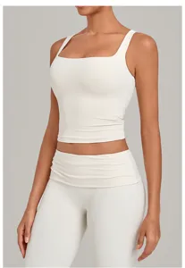 Detailansicht Damen offwhite quadratischer Ausschnitt Yoga Tanktop und passende Leggings.