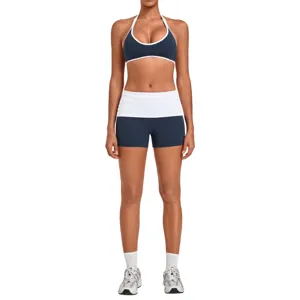 Damen Halterneck Sport BH Und Farbblock Umklappbarer Bund Shorts Top Und Bottom Zweiteilig Yoga Sportbekleidung Set