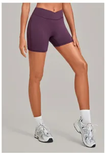 High waist crossover yoga shorts product detail shot, nude feel stretchy fitness activewear.