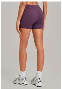 Purple high waist crossover yoga shorts, nude feel activewear gym running fitness short pants.
