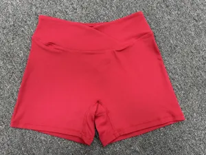 Red high waist crossover yoga shorts for women, tight workout gym running fitness athletic shorts.