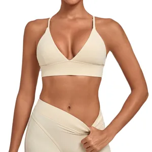 Women Sports Casual Nylon Spandex Brushed Solid Color Deep V-Neck Crisscross Back Comfortable Breathable Sports Bra Top