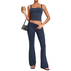 Women Yoga Workout Top And Bottom Slim Fit Sleeveless Ruched Butt Lifting Flared Pants Athletic Gym Fitness Clothes Set