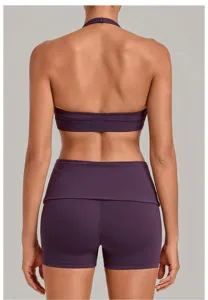 Halter neck sports yoga bra back view detail showing breathable stretchy fitness crop top for women.