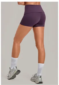 High-waisted folded yoga shorts for women, fitness running athletic workout activewear.
