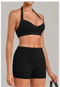Black halter deep V yoga bra and high waist shorts set for fitness running gym training wear