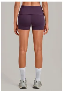 Back view detail of women's purple high waist foldover yoga fitness running shorts.
