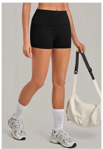 Detailed view of black folded-waist high-stretch sports yoga shorts with athletic styling.