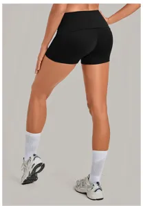 High waist folded yoga shorts for women, black athletic running fitness gym activewear shorts.