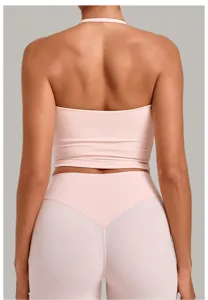 Ροζ halter εξώπλατο fitness yoga crop top για γυναίκες, ιδανικό για προπόνηση και πιλάτες.