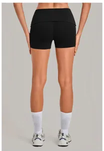 Women's black folded waist tight quick-drying yoga fitness running sports shorts detail view