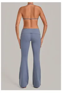 Blue halter top and foldover waist flare yoga pants set, comfortable workout activewear.