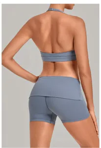 Grey halter yoga sports bra and matching yoga shorts back view fitness workout gym activewear