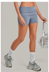 Folded high waist yoga shorts detail, tight fit quick dry fitness activewear for women.