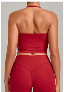 Κόκκινο crop top halter και κολάν σετ για γυναίκες, αθλητικά ρούχα γιόγκα γυμναστικής.
