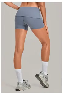 Women grey folded waist fitness yoga shorts quick dry running sports shorts detail view