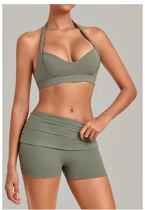 Halter deep V yoga sports bra detail, breathable fitness workout top and active shorts.
