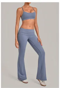 Dames yoga set grijs blauw sportbeha hoge taille uitlopende broek fitness outfit