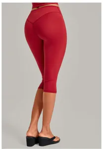 Women red yoga capris high waist tummy control fitness leggings booty lift sports pants.