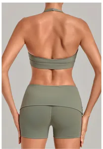 Detailed back view of olive green halter yoga bra and matching fitness workout shorts set.