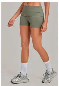High-waisted fold-over yoga shorts for women quick dry fitness running athletic apparel green.