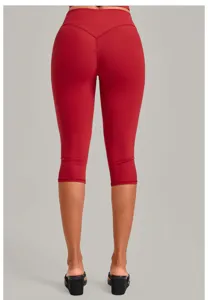 Red cropped yoga leggings for women, high waist tummy control fitness pants, running capris.