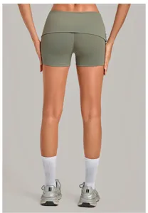 Women's olive green folded waist tight quick-drying yoga shorts, fitness running sportswear.