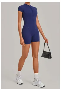 Women short sleeve half-zip slim fit yoga jumpsuit sporty activewear romper bodysuit