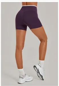 Purple high-waist yoga shorts with white contrast trim, stretchy quick-dry fitness activewear.