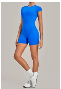 Combinaison de yoga bleue dos nu pour femme body de sport une piece elastique short