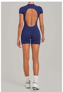 Women's backless short sleeve athletic fitness yoga romper bodysuit in dark blue color.