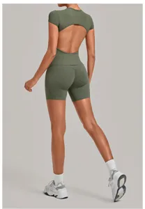 Backless olive green yoga top and scrunch shorts detail, fitness workout activewear set back view.