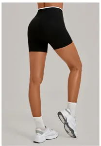 Black high waist yoga shorts with white trim, activewear fitness tight running shorts.