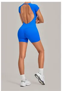 Combinaison de yoga dos nu bleu femme fitness activewear short moulant barboteuse