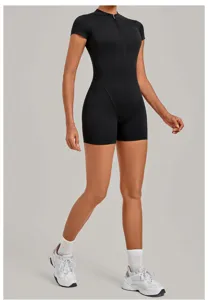 Detailed view of a black half-zip short sleeve fitness yoga jumpsuit featuring sleek fit.